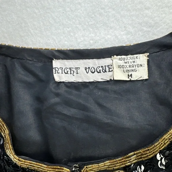 Vintage Night Vogue Black Sequin Silk Jacket Gold Embroidery Formal Sz M - Picture 4 of 10